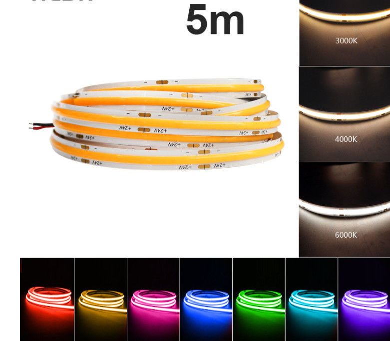 تغییر رنگ هوشمند 24 ولت COB RGBW نوار LED 10 میلی متر ضد آب 2700K-6500K